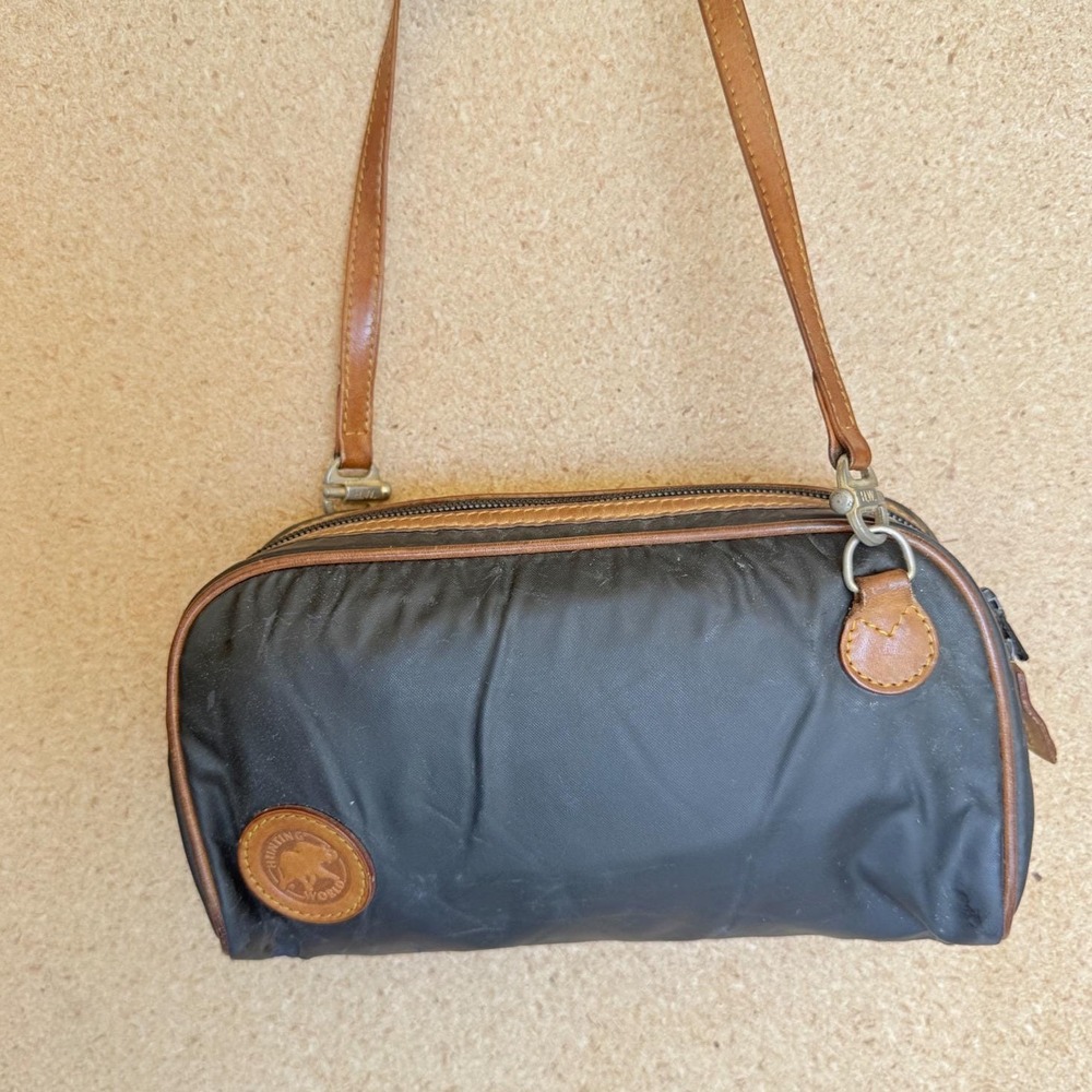 Vintage Hunting World Italy Black Nylon Leather Trim Barrel Crossbody Bag COA